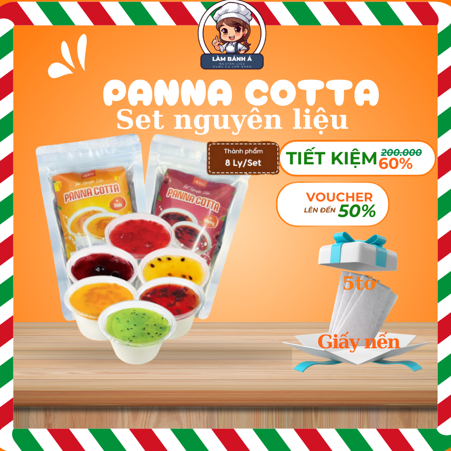 Set làm Panna Cotta nguyên liệu làm bánh vị dâu, chanh dây, việt quất - Set nhỏ 8 ly